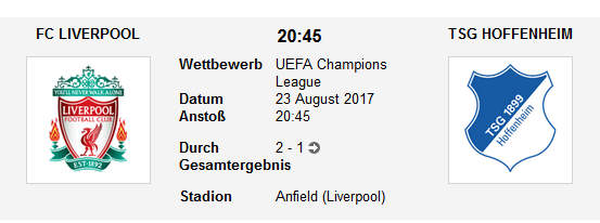 Wett Tipp Liverpool Hoffenheim 23 08 17